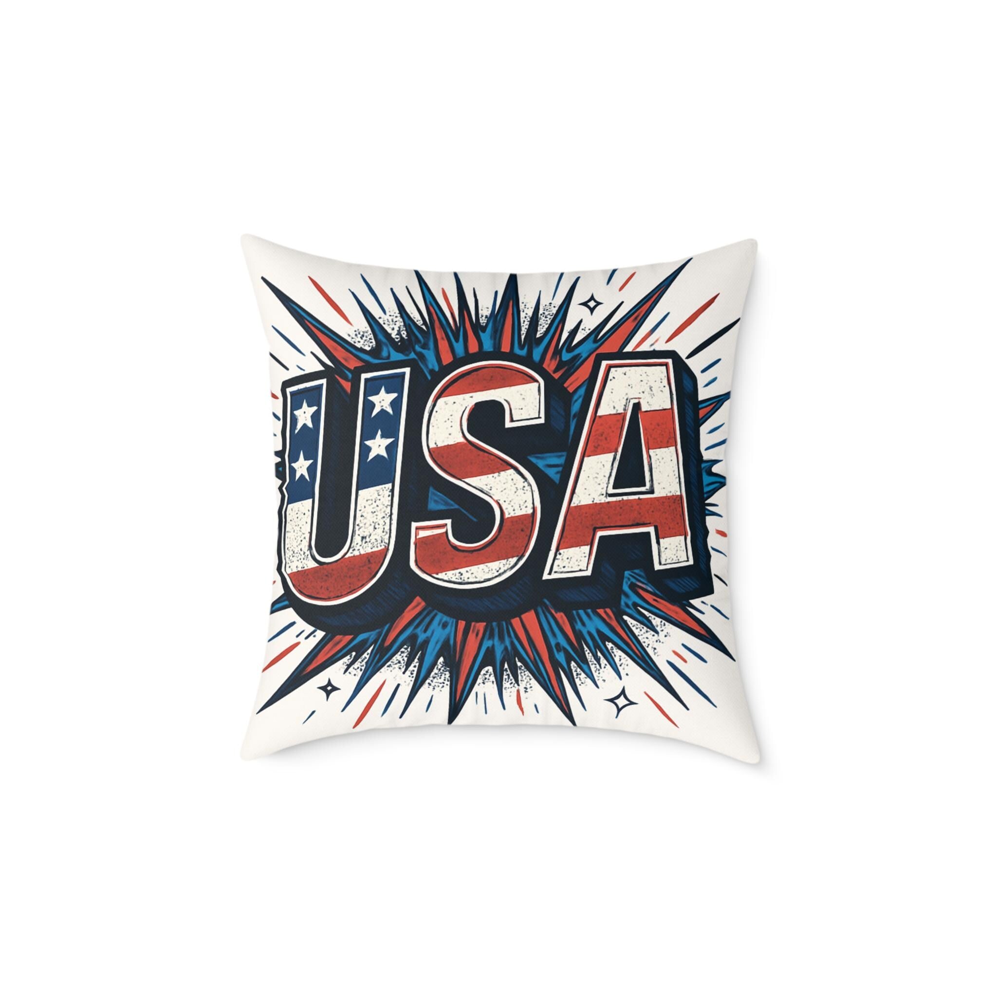 USA Patriotic Throw Pillow | Square Poly Canvas Cushion for Home Decor, Independence Day, Memorial Day, Summer BBQs, USA Theme Decoration