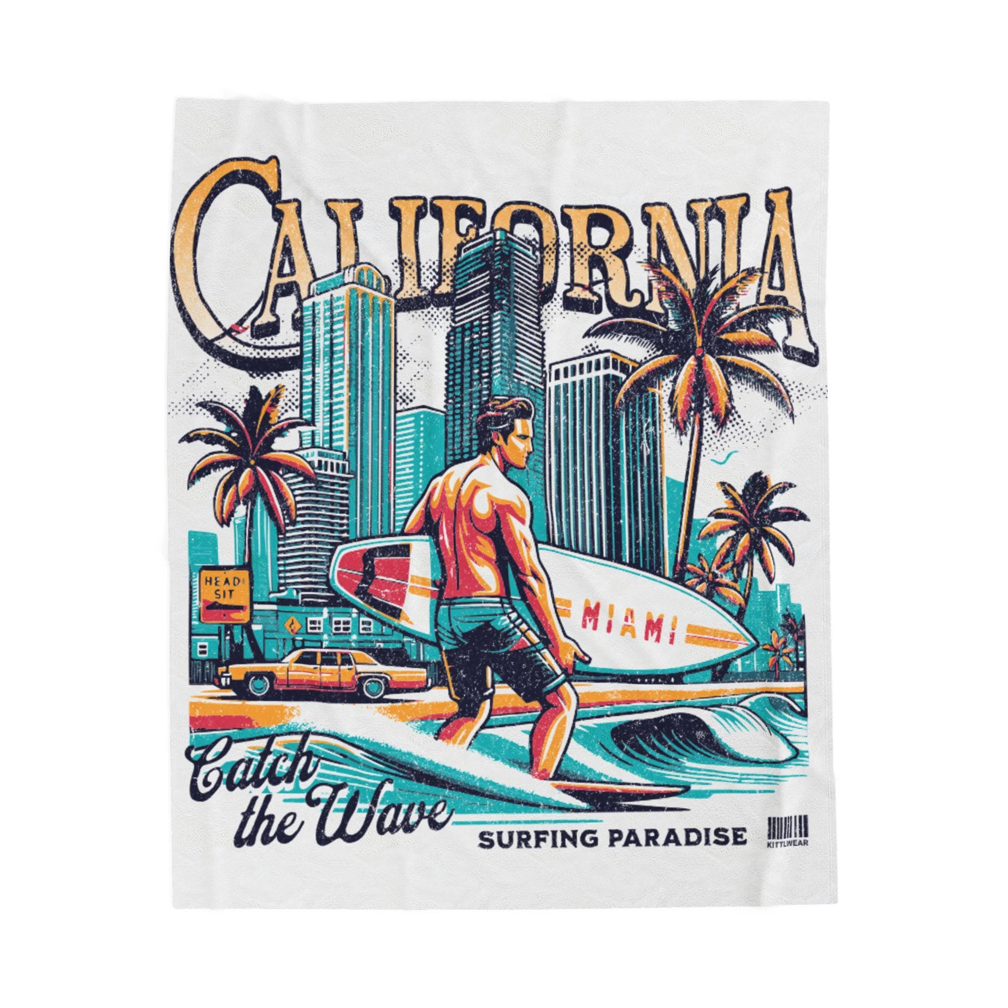 Surfing Paradise Velveteen Plush Blanket, Cozy Beach Blanket, California Vibe Throw Blanket, Soft Surfing Decor, Ideal Gift for Beach Lovers