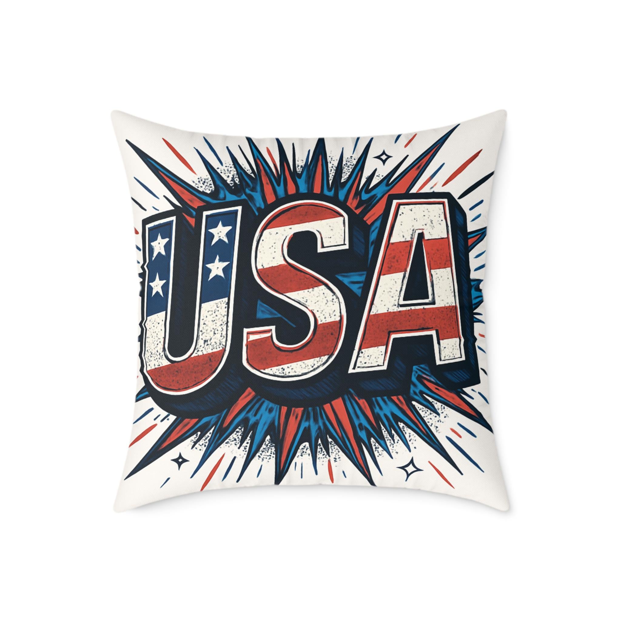 USA Patriotic Throw Pillow | Square Poly Canvas Cushion for Home Decor, Independence Day, Memorial Day, Summer BBQs, USA Theme Decoration