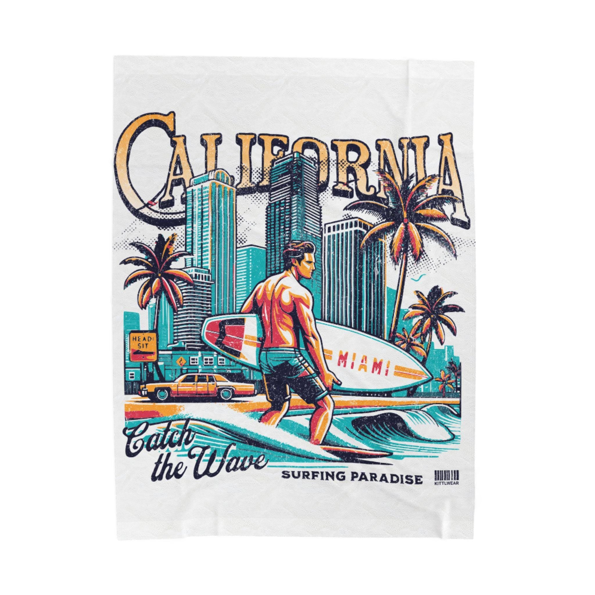 Surfing Paradise Velveteen Plush Blanket, Cozy Beach Blanket, California Vibe Throw Blanket, Soft Surfing Decor, Ideal Gift for Beach Lovers