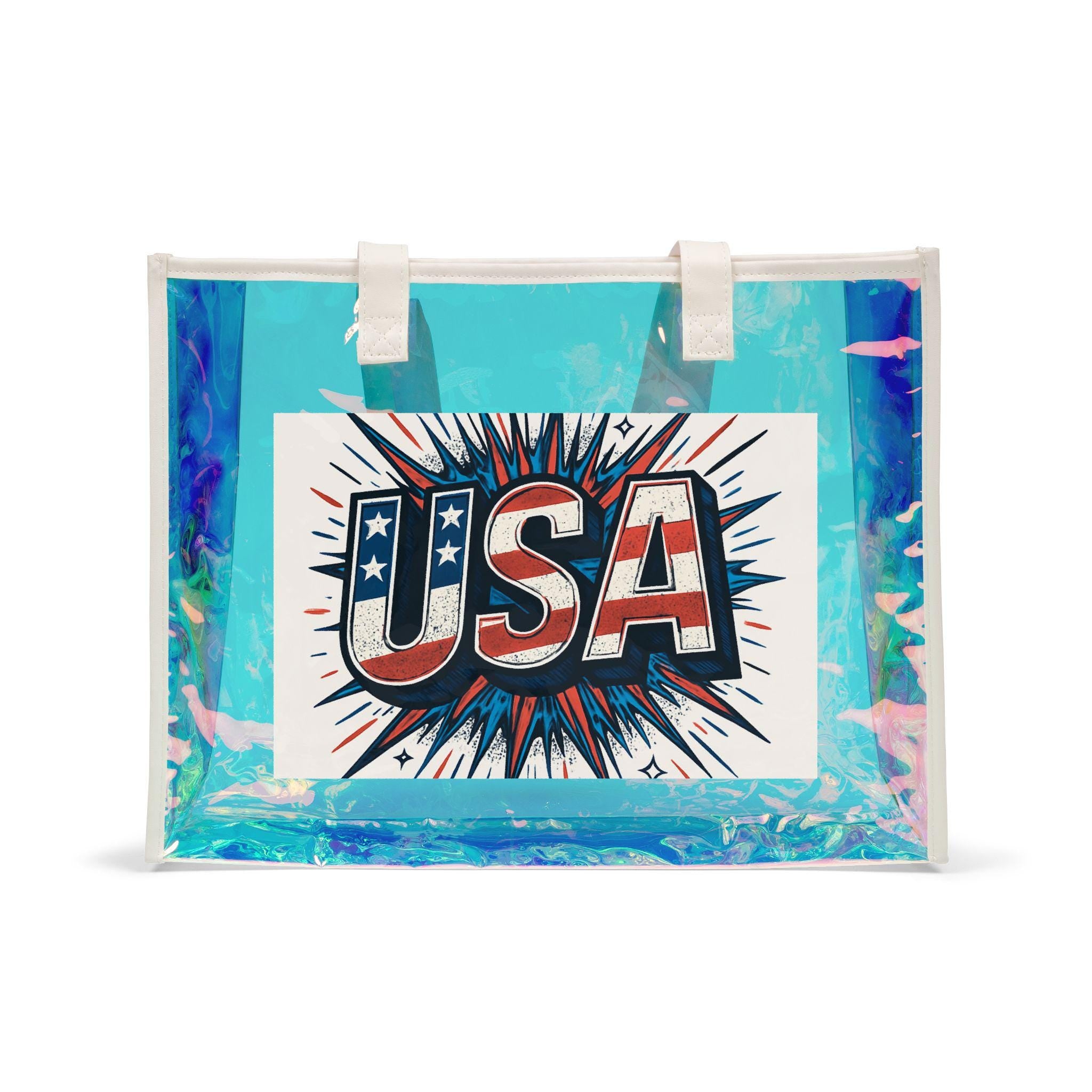 USA Beach Holographic Tote Bag, Transparent Beach Bag, Summer Tote, Patriotic Tote, Poolside Bag, Vacation Essential